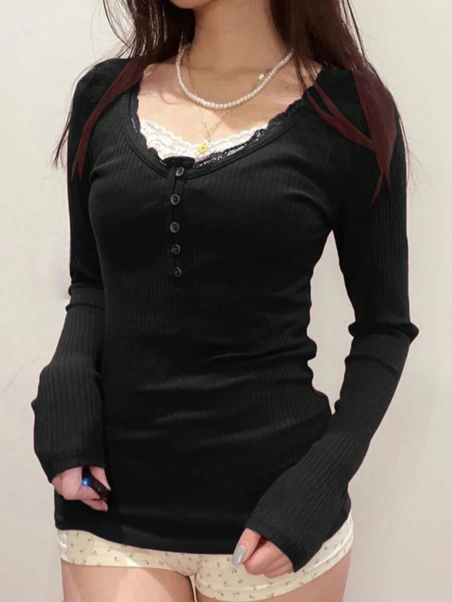 Women Long Sleeve Button Up Lace Patchwork Henley Crop Tshirt Y2K Aesthetic Scoop Neck Fit Shirt Top - 黑色 - 查看 1