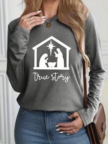 New Women's Sweatshirt Christian Long Sleeve T-Shirt For Women - Nativity Scene With Jesus, Letters "True Story" - Ecclesiastical Events, Christmas, Daily Spiritual Clothing - Casual Round Neck Machine Washable Top - Religious And Believer Gift In Women's Fashion Loose And Comfortable - màu đen - Xem 6