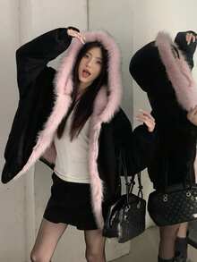 Reversible Hooded Warm Padded Coat For Women, Fluffy Fur Collar, Elegant American Style Pink - Black - View 4