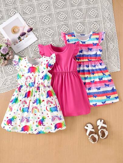 3pcs Girls' Summer Casual Colorful Dinosaur, Butterfly Stripe Pattern And Pink Dress Set, Ruffle Sleeve, Suitable For Outdoor Events, Travel, Beach And Daily Wear