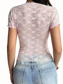 Y2K Seductive Lace Trim Collar Slim Fit Short Sleeve T-Shirt Top Casual - Pink - View 2