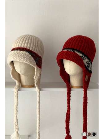 Vintage Jacquard Förtjockad Varm Hörselskydd Stickad Mössa För Damer, Höst/Vinter. Tjock Varm Knytbar Trapper Mössa, Retro Fair Isle Stickad Mössa, Lämplig För Stora Huvuden Och Ansikten, Söt Tofsig Varm Flygarhatt