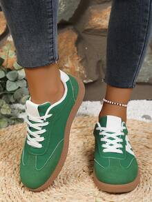 Women's Casual Versatile White Striped Accent Sneakers, Fashion Attractive Comfortable Durable Rubber Soft Sole Athletic Shoes, Breathable Lightweight Patchwork Sports Shoes For Women - 綠色 - 查看 3