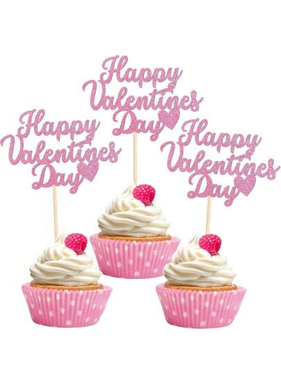12pcs Red/Gold/Rose Gold "Happy Valentine's Day" Heart Cake Toppers - Glitter Heart Shaped Cake Decorations, Suitable For Valentine's Day Theme Party, Birthday Party Cake Decorations