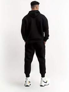 KING Mens Black Warm Hoodie And Pants Set 2 Piece Outfit Fleece Lined For Streetwear Loungewear And Fitness - 黑色3 - 查看 2