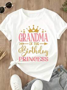 T-Shirt Grandma Of The Birthday Princess Crown And Stars Print Women's Casual Top Birthday Party Gift For Grandmother - 白色 - 查看 3