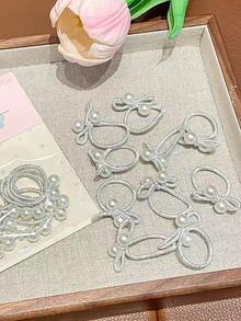20个甜美酷炫的银色蝴蝶结弹力发圈，珍珠拇指发圈，可爱韩版发圈，不伤发马尾辫发带，时尚发饰，适合女孩日常佩戴和派对 - 彩色 - 查看 7