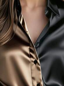 1pc Women's Satin Button Front Colorblock Elegant Commuter Fashion Long Sleeve Shirt, Suitable For Office, Holiday, Daily Wear, Dates, All Seasons - Brown - View 3
