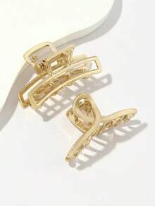 2pcs Women's Small Size Gold-Tone Metal Cross & Hollow Out Alloy Hair Clip Elegant Gold Head Piece Summer Hair Claw Hair Clips Hair Jaw Clip Hair Clamps Hair Clutch Hair Claw Clip, School Stuff, College Fall Winter Claw Clip Hair Accessories For Women For Vacation Outfits Woman - 金子 - 查看 3