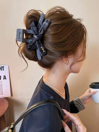 2pcs Plaid & Heart Shaped Lazy Hair Clips, New 2025 Autumn/Winter Hair Accessories, Solid Color Party Hair Clips, ABS Plastic Hair Bow Hair Clutch Fashion Hair Claw Elegant Hair Claw