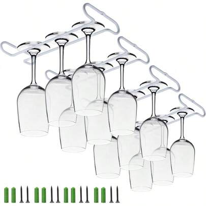 White 4 Wine Glass Rack Under Cabinet Shelf 10 Inch Stemware Storage Hanging Hanger Organizer Glasses Holder With Drying Under Counter Metal For Kitchen And Bar