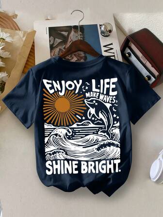 Young BoyCasual Dolphin & Letter Print Round Neck Summer T-Shirt