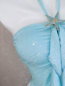 Bộ bikini nữ mùa hè màu trơn, chất liệu vải bóng nhẹ, co giãn, họa tiết sao biển, viền bèo nhún, dây mảnh. - Màu xanh nhạt - Xem 2