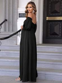 Joyfunear 孕妇时尚纯色露肩开衩睡袍连衣裙 - 黑色 - 查看 2