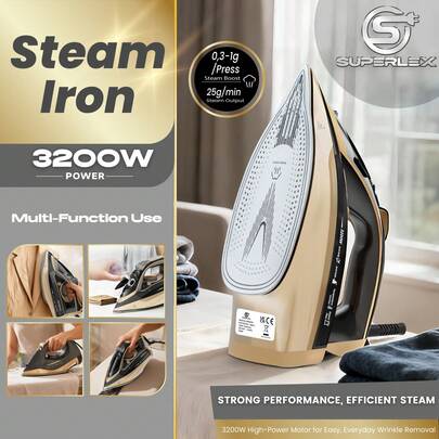 SUPERLEX 8-In-1LED Screen Steam Iron, Ceramic Soleplate Iron, 3200W Fast Heating Steam Engine, Anti-Scale/Anti-Drip Function, With 4 Functions (Dry Ironing, Spray, Steam, Air Ironing), Visual Range Up To 2.1 Meters, Equipped With Clear LED Indicator Light, Strong Steam Output, Suitable For Home And Travel Use.