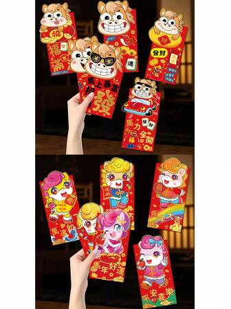 6pcs 2026 Year Of The Horse 3D Envelopes, Creative Cartoon Lai See Packets, Personalized New Year Red Packets, Year Of The Horse Red Envelopes, 3D Cartoon Design Large Lai See Envelopes, New Year Lai See Packets, Suitable For New Year, Spring Festival, Holiday Decorations