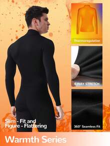 3pcs Men's Black Thermal Lined High-Neck Thermal Top Comfortable Fabric For Homewear, Sleepwear, Outdoor Sports, Ski Layering Cold-Weather Protection For Fall And Winter Seasons Seasonal Gift - Black - View 3