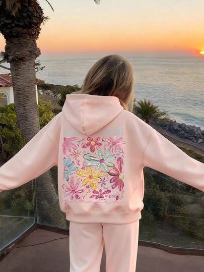 女童彩色艺术设计花卉图案印花连帽夹克长袖运动衫学生上衣女童秋冬装