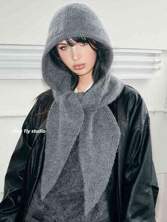 女士纯色针织围巾帽套装（1件），新款时尚拉法帽，休闲百搭针织围脖披肩，秋冬防寒保暖帽，适合日常使用