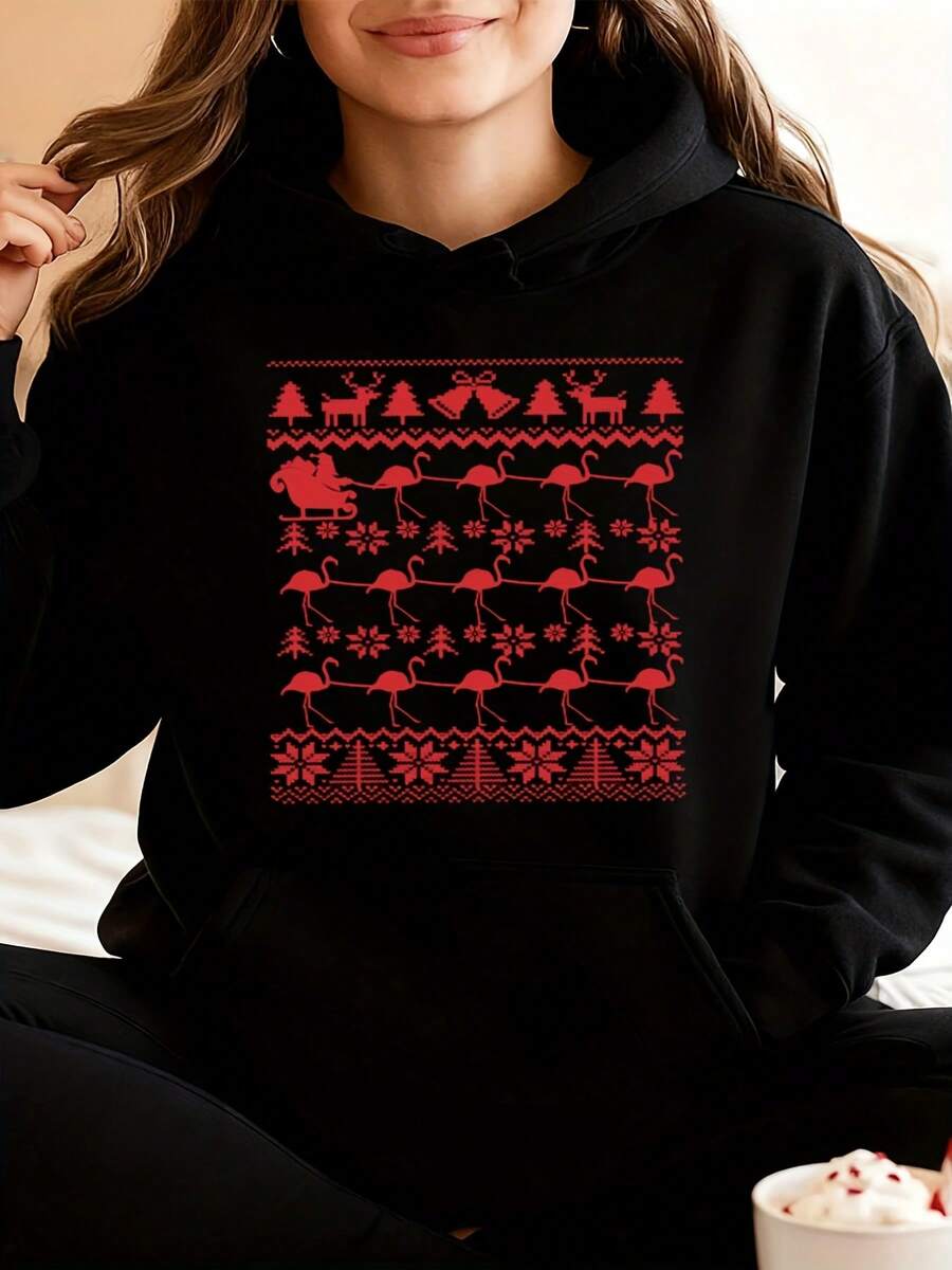 Flamingos Pulling Santa Ugly Christmas Hoodie For Women's And WoWomen's, Flamingo Bird Lover Gift, Unisex Holiday Party Pajama  Hoodie - 黑色 - 查看 1