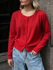 Cárdigan de punto para mujer de manga larga, cuello redondo, cierre con botones, detalles de punto acanalado, longitud regular, elástico, cárdigan rojo, suéter casual - Rojo - Ver 3