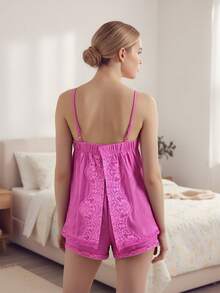 Women Pajama Set, Lace Patchwork V-Neck Camisole With Shorts Sleepwear Loungewear - Purple - View 6