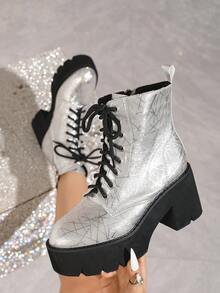秋冬女士简约前系带侧拉链防水厚底粗跟踝靴，时尚优雅 - 銀色 - 查看 14
