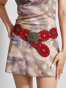 1pc Women's Heart Patchwork Rivet Decor Western Retro Waist Belt Accessory, American Vintage Style In Stock - Coffee - View 5