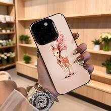 Cubierta de teléfono con diseño de ciervo con flores rosadas color rosa claro para mujer elegante y delicada ideal para uso diario en floristerías y eventos románticos Aplicable a los teléfonos de la serie Apple y Galaxy - Negro - Ver 4