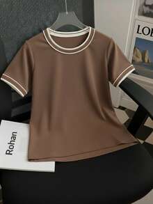 Women's Short-Sleeve Ribbed Blouse, Plain, Round Neck With Collar And Sleeve Details, Elegant Basic Style - Rỉ Nâu - Xem 1