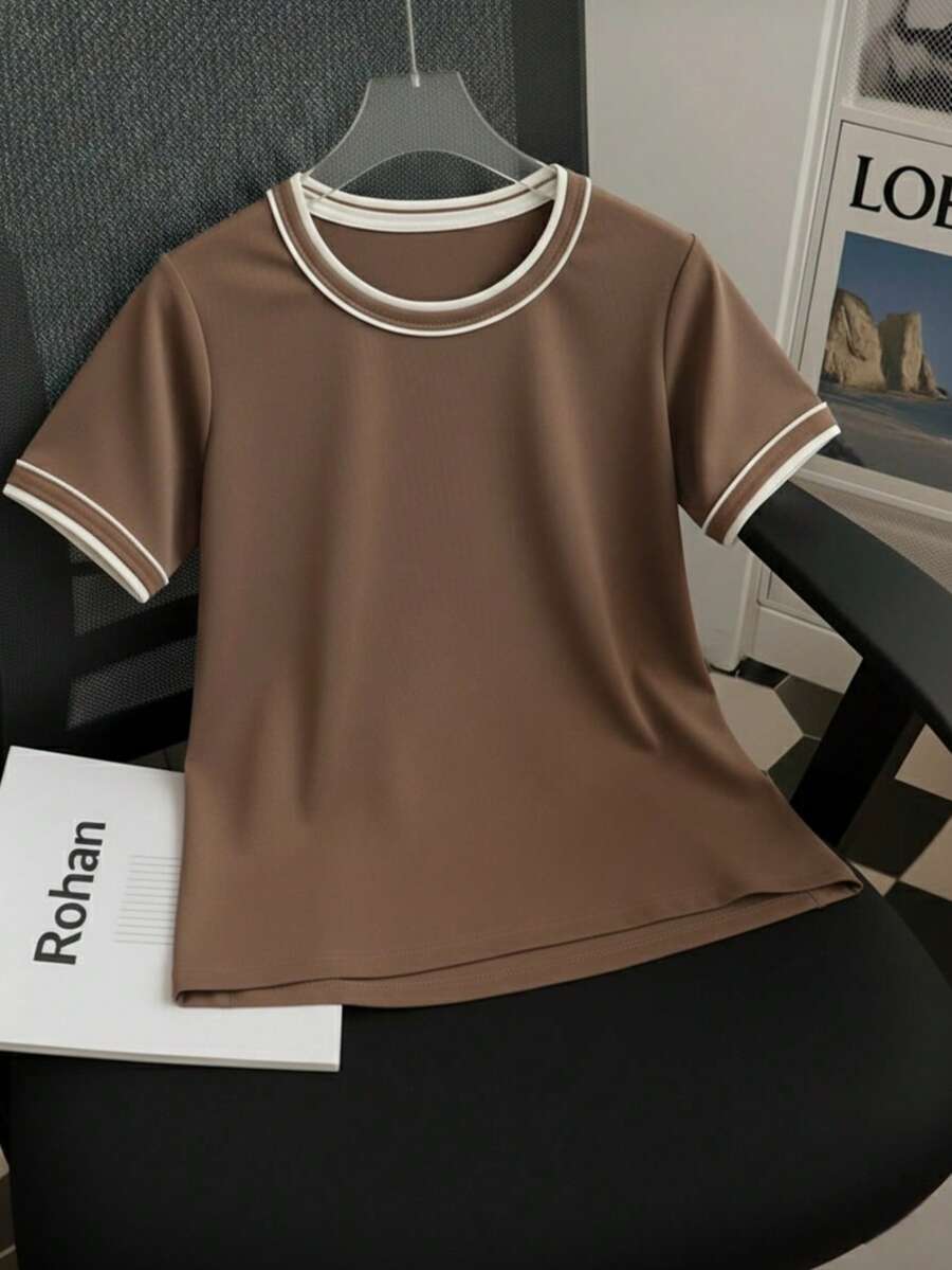 Women's Short-Sleeve Ribbed Blouse, Plain, Round Neck With Collar And Sleeve Details, Elegant Basic Style - Rỉ Nâu - Xem 1