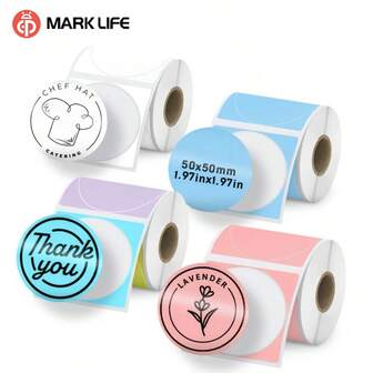  Marklife 50X50mm Colored Round Sticker Labels, Applicable To Label Printers Such As P50/M221/M200/M220/M120/M110, Self-Adhesive Circular Paper Labels, Versatile Home Stickers For DIY Logo Creation, 150 Labels Per Roll (4 Colors, Including White And Blue) Heat Sensitive