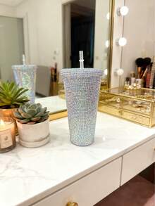 1pc 650ml Handmade Diamond Cup, Double Layer PS Plastic Straw Cup, Large Capacity 650ml Gemstone Diamond Cup, Handheld Cup, Portable Pearl Cup [5 Styles Available] - Multicolor - View 11