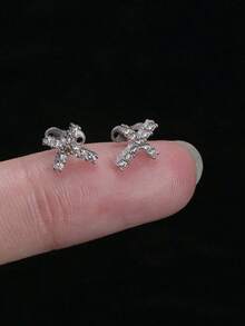 1pc Minimalist Titanium Embedded Cubic Zirconia Flower, Cross, Star Decor Piercing Stud, Suitable For Wearers