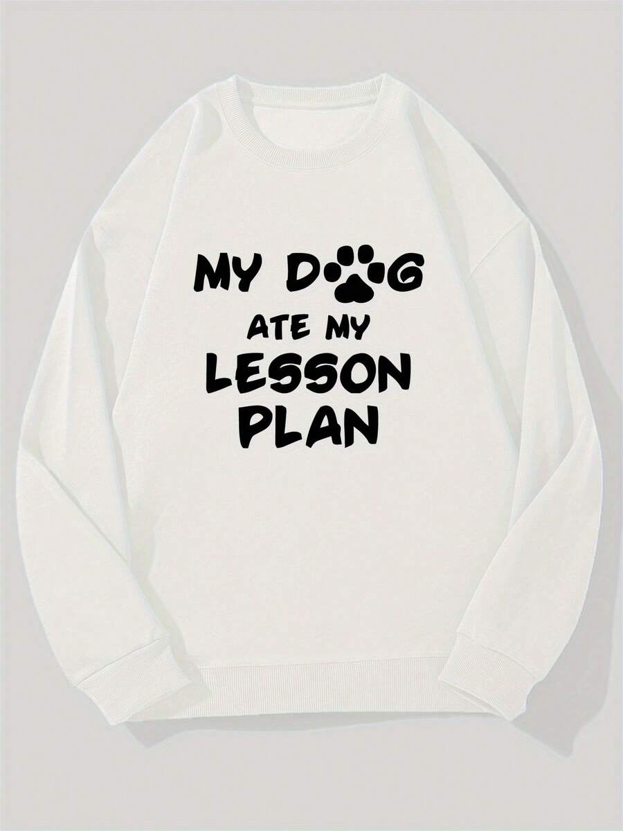 Sudadera divertida para hombre "Mi perro se comió mi plan de lecciones" - Sudadera negra casual de cuello redondo con diseño de huella de pata, corte holgado, mangas largas, perfecta para ropa casual, ropa cómoda para el día a día| Sudadera gráfica divertida| Sudadera de tela elástica - Blanco - Ver 1