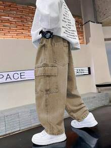 Tween Boy Casual Fashionable Street Style Simple Flap Pocket Cargo Denim Jeans - Khaki - View 3