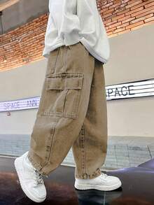 Tween Boy Casual Fashionable Street Style Simple Flap Pocket Cargo Denim Jeans - Khaki - View 4