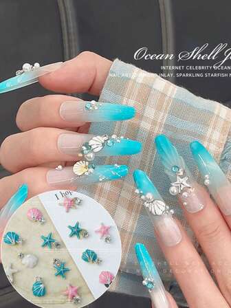 10件套蓝色、粉色和白色贝壳及海星美甲饰品，配金色和银色底座，适用于亚克力指甲，3D闪亮金属贝壳及海星美甲饰品，镶嵌水钻和银钻，女士DIY美甲装饰及用品，美甲宝石