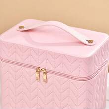 Cosmetiquera de Bolso Para Uso Diario, Bolsa de Maquillaje con Espejo, Imitación de Piel, 4 Compartimientos Plegables, Para Maquillaje, Perfumes, Joyería, Con Correa de Transporte, Accesorio de Belleza, Diseño con Relieve y Elegante - Rosa - Ver 6