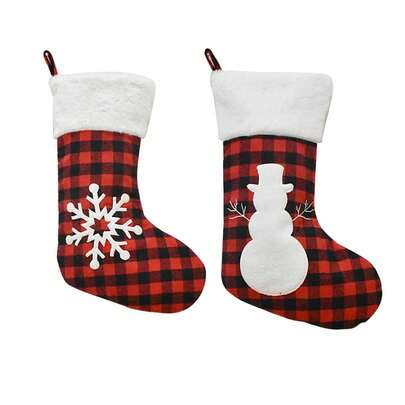 Christmas Knitting Stockings Plush Red Black Plaid Socks With Faux Fur Cuff Gift Bag Candy Socks Hanging Ornaments For Fireplace Christmas Tree Decor