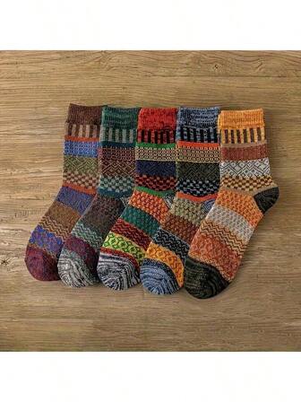 5 Pairs Of Warm Socks For Autumn And Winter, Retro Autumn And Winter Towel Tube Socks, Women's Long Socks, Outdoor Riding Motorcycle Short Socks