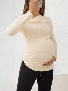 Top à manches longues asymétrique avec fronces au cou pour femmes enceintes, en tissu polyester extensible, ourlet régulier - Nude - Voir 3