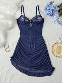Bộ đồ ngủ gợi cảm có gọng ren tương phản xếp nếp dành cho nữ - Màu xanh hải quân - Xem 5