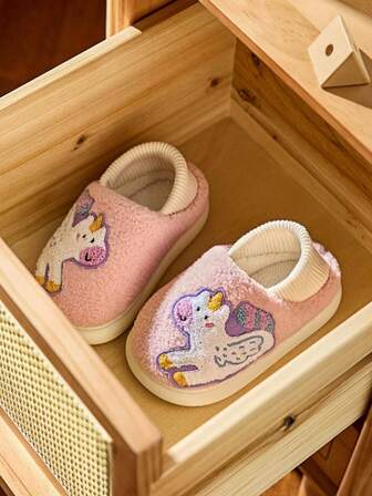 Toddler & Little Kids Cute Warm Slippers With Unicorn & Leopard Design, Slip-On