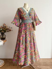 Rusttydustty 女士加大码复古花卉蕾丝V领荷叶袖休闲连衣裙，适合音乐节和海滩度假，秋夏季优雅之选。 - 彩色 - 查看 6