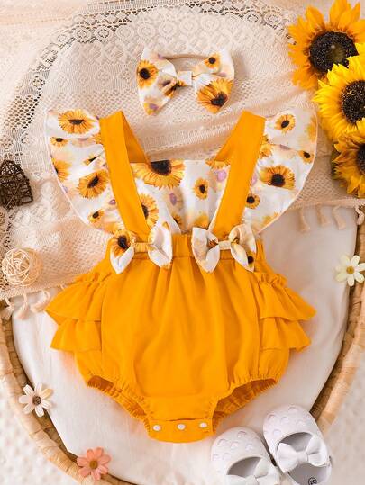 Baby Girls' Fashionable Minimalist Cute Square Neck Bow Strap Heart Print Ruffled Bodysuit With Headband, Spring/Summer
