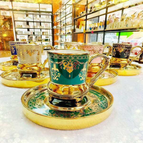 1 Set Arabic Gold Ceramic Coffee Mug Saucer Set 90ml/3.04oz,Luxury Gold Trim For Cappuccino, Latte, Mocha, Au Lait, Double Espresso,Elegant Home Decor, Office, Kitchen,Perfect Gift For Christmas, Valentine's,Graduation, Autumn, Winter,Christmas Gifts For Her/His,Christmas Decorations Home