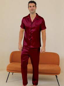 Two Pieces Sets Men's Pajamas With Open Button Top And Pants Set - Burgundy - View 3