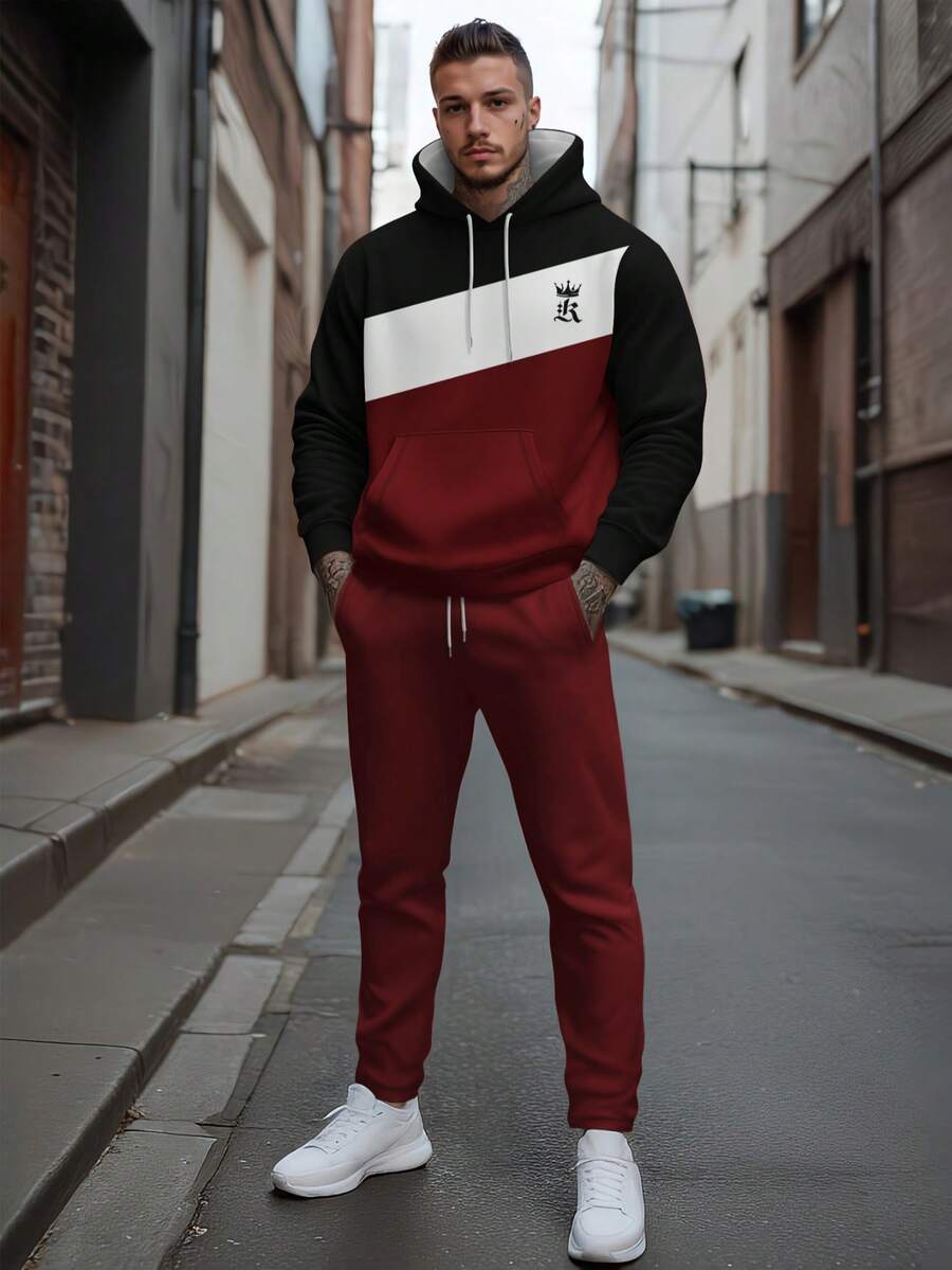 Men's Business Color Block Hoodie And Pants Set - Red - View 1