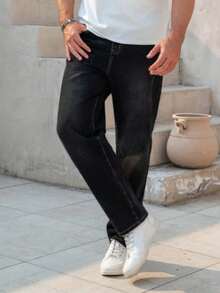 DG XUNLIN MODA 2025Nuevo 2025, ropa masculina de alta calidad, pantalones vaqueros negros de cintura media y recta, tejidos pesados para viajes de Negocios diarios, primavera, otoño e invierno, reuniones de negocios, armarios imprescindibles - Negro - Ver 4